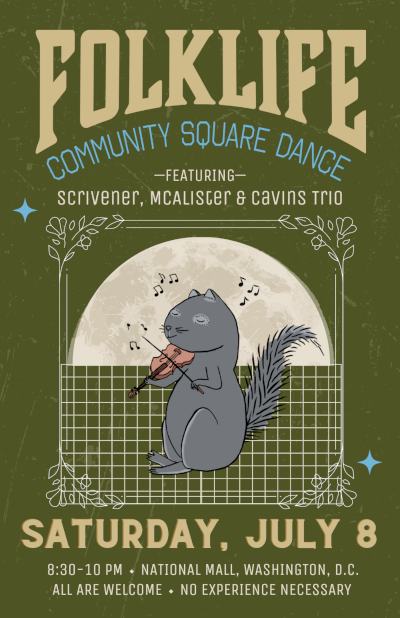 Poster for July 8 dance; a squirrel plays the fiddle